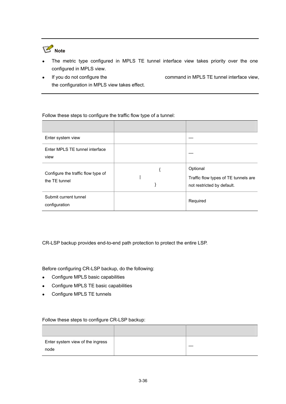 Configuring the traffic flow type of a tunnel, Configuring cr-lsp backup, Configuration prerequisites | Configuration procedure, 36 configuration procedure | H3C Technologies H3C S7500E Series Switches User Manual | Page 118 / 334