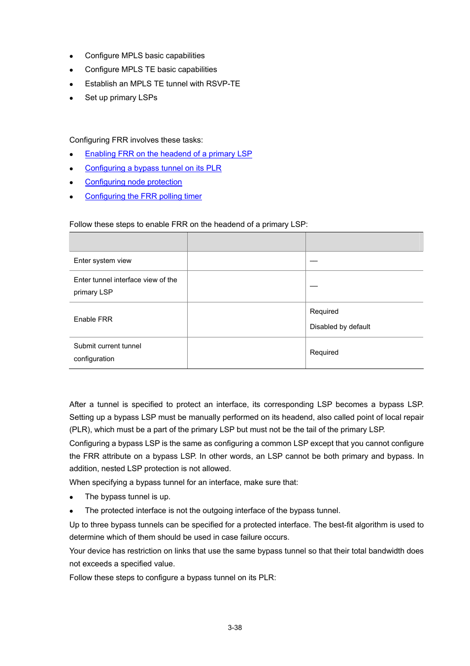 Configuration procedure, Enabling frr on the headend of a primary lsp, Configuring a bypass tunnel on its plr | H3C Technologies H3C S7500E Series Switches User Manual | Page 120 / 334