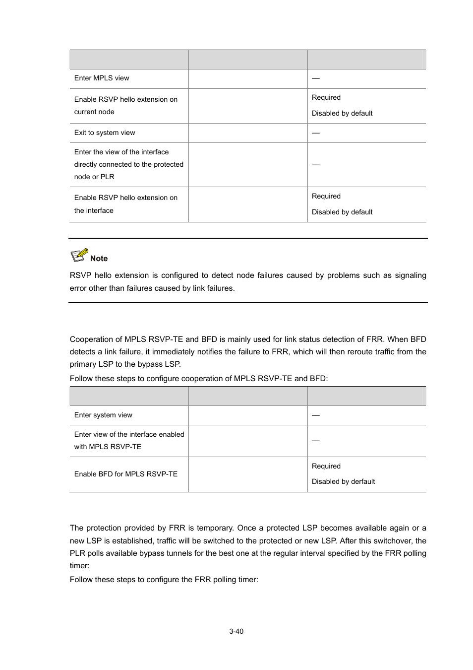 Configuring cooperation of mpls rsvp-te and bfd, Configuring the frr polling timer | H3C Technologies H3C S7500E Series Switches User Manual | Page 122 / 334