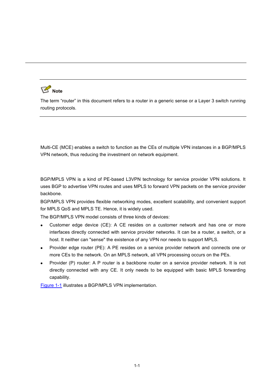 1 mce overview, Mce overview, Introduction to bgp/mpls vpn | H3C Technologies H3C S7500E Series Switches User Manual | Page 13 / 334