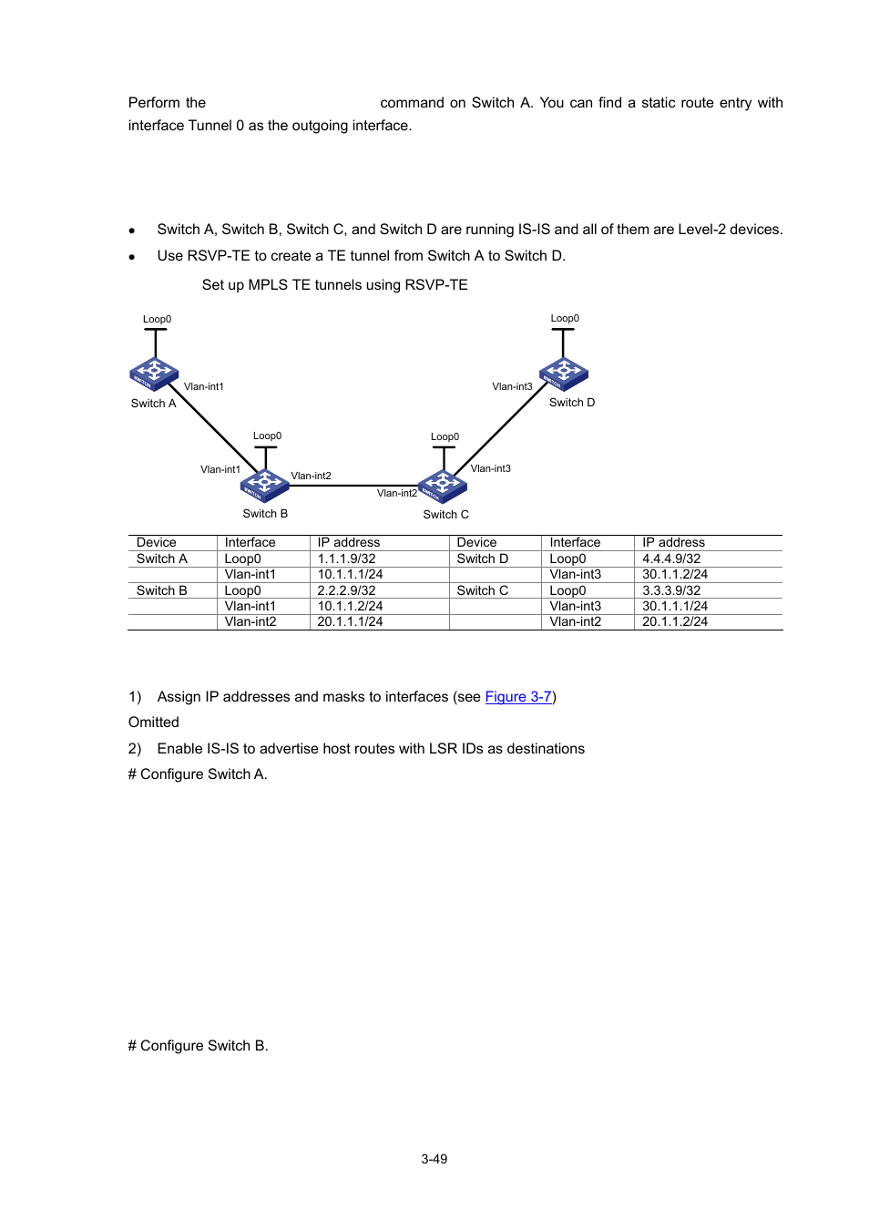 Mpls te using rsvp-te configuration example, Network requirements, Configuration procedure | H3C Technologies H3C S7500E Series Switches User Manual | Page 131 / 334