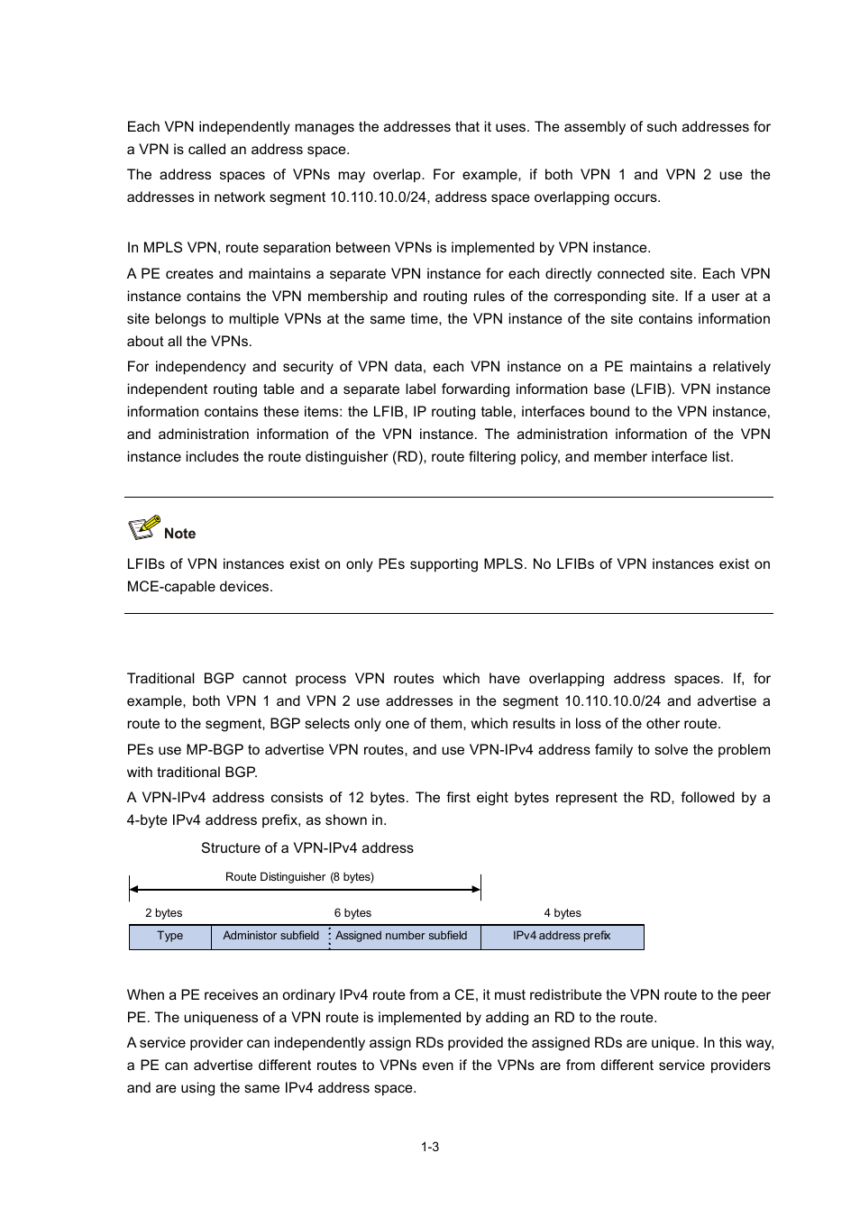 Address space overlapping, Vpn instance, Vpn-ipv4 address | H3C Technologies H3C S7500E Series Switches User Manual | Page 15 / 334