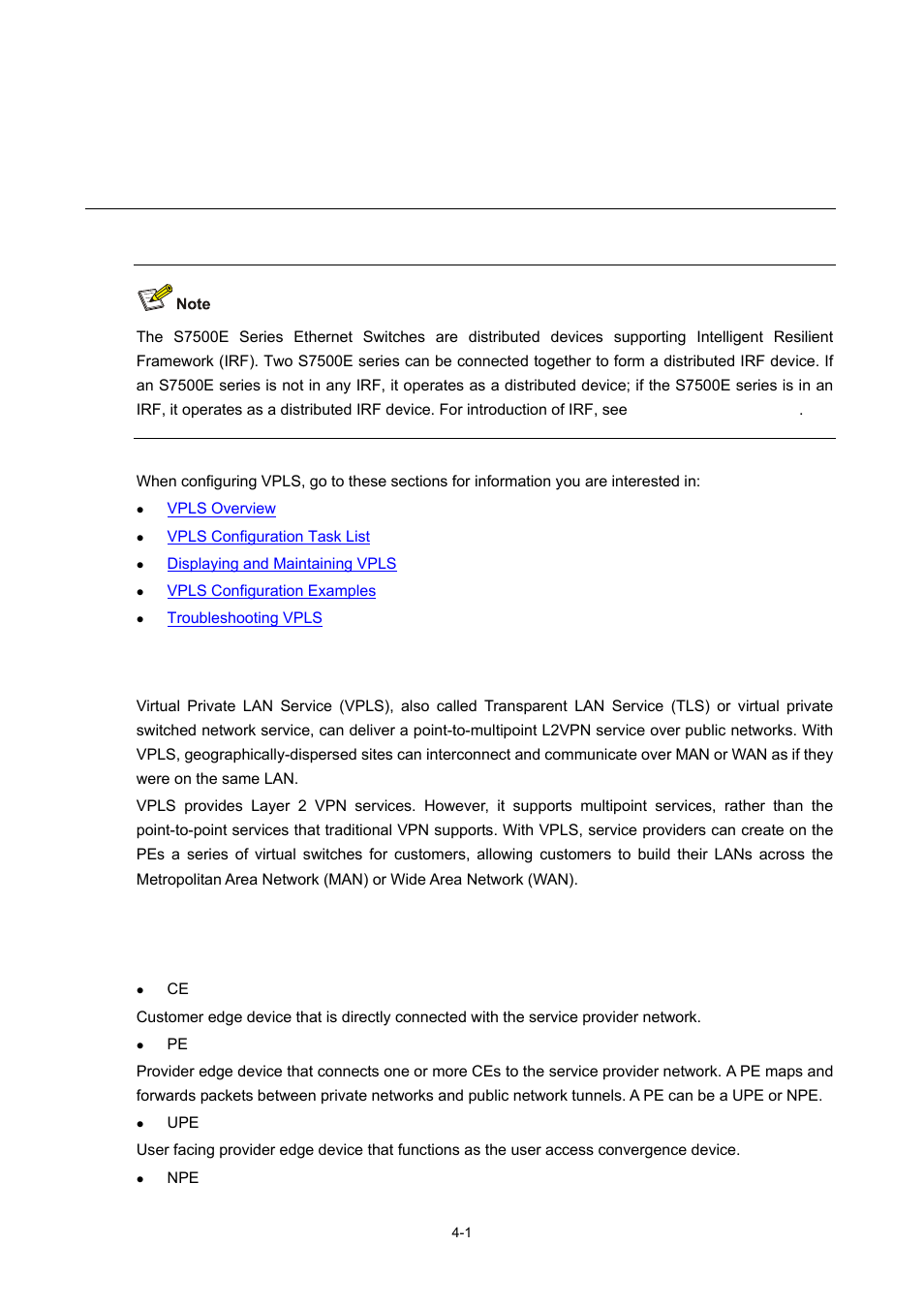 4 vpls configuration, Vpls overview, Operation of vpls | Basic vpls concepts, Vpls configuration | H3C Technologies H3C S7500E Series Switches User Manual | Page 161 / 334