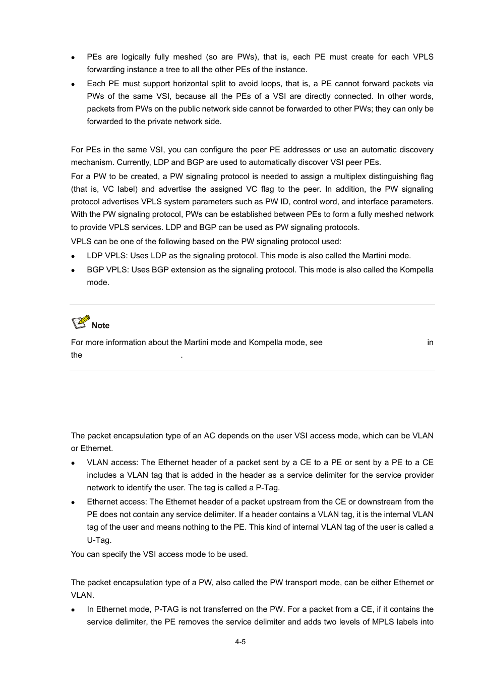 Peer pe discovery and pw signaling protocol, Vpls packet encapsulation, Packet encapsulation on an ac | Packet encapsulation on a pw | H3C Technologies H3C S7500E Series Switches User Manual | Page 165 / 334