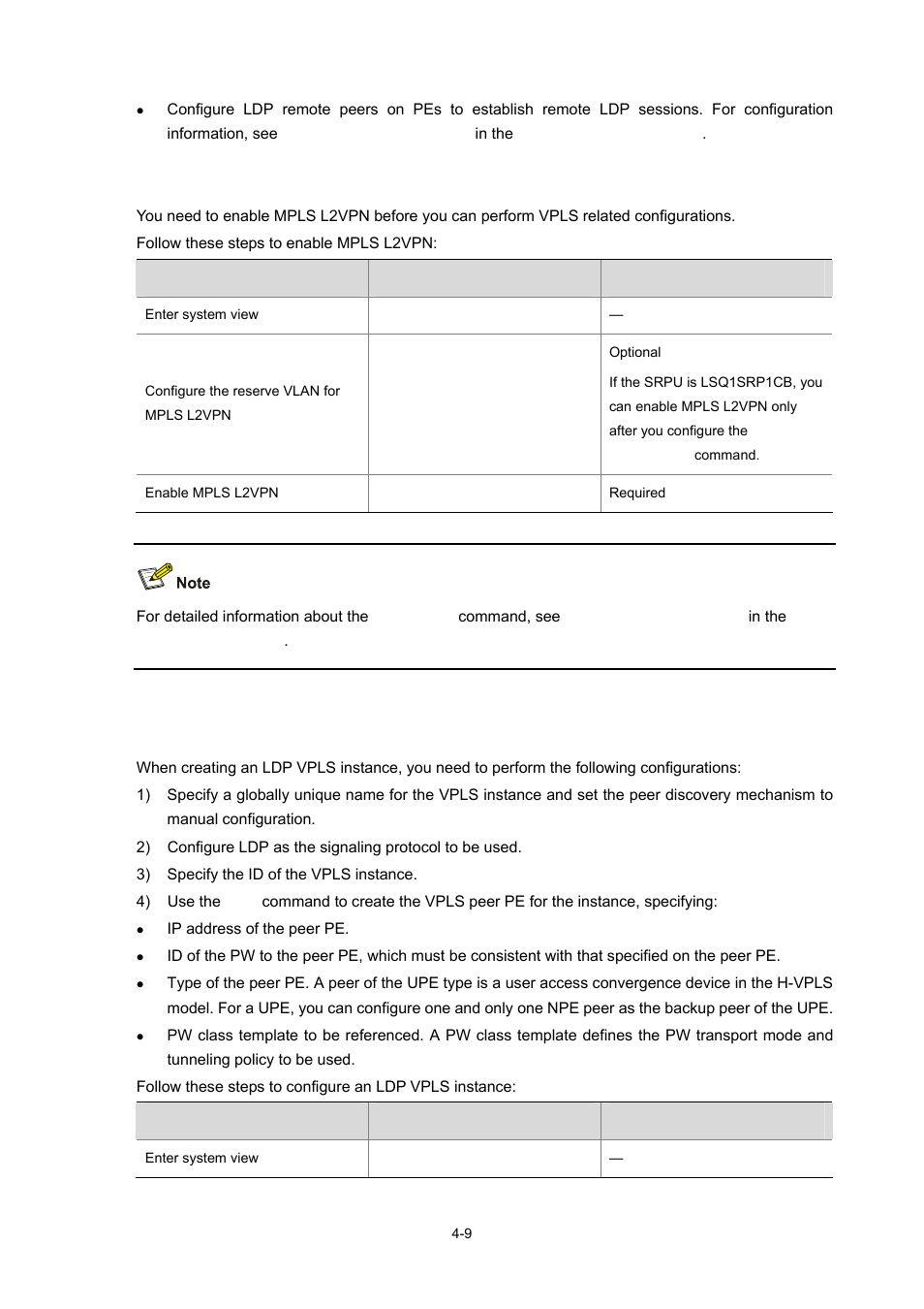 Enabling mpls l2vpn, Configuring an ldp vpls instance | H3C Technologies H3C S7500E Series Switches User Manual | Page 169 / 334