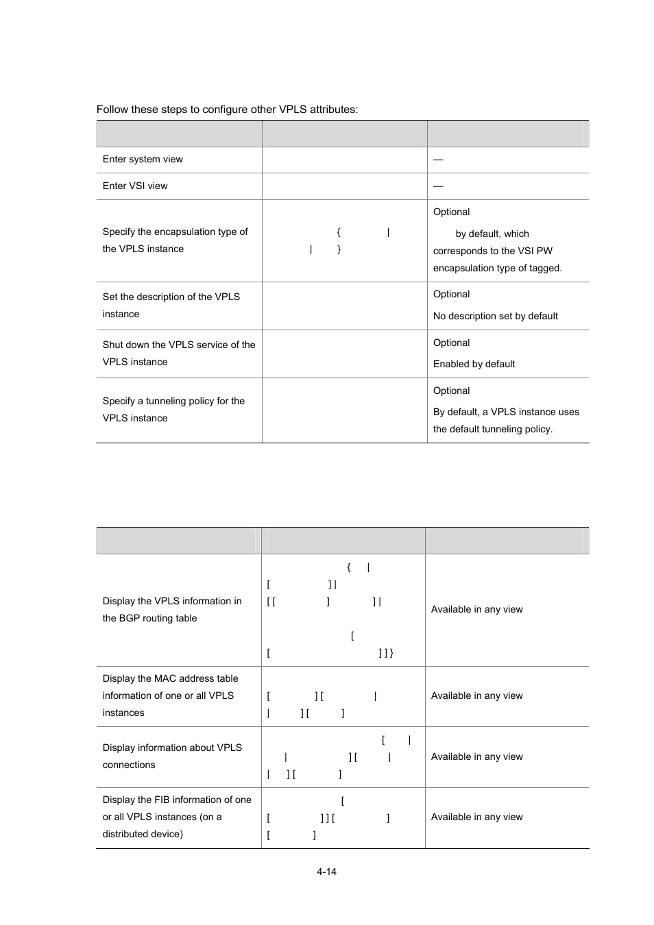 Configuring vpls instance attributes, Displaying and maintaining vpls, 14 displaying and maintaining vpls | H3C Technologies H3C S7500E Series Switches User Manual | Page 174 / 334