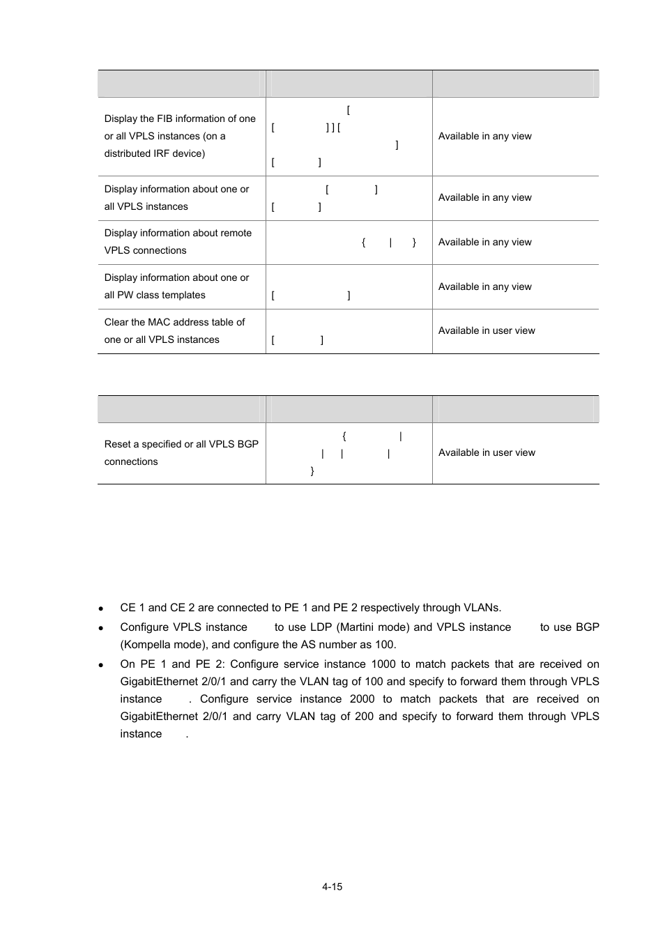 Resetting vpls, Vpls configuration examples, Configuring vpls instance | Network requirements | H3C Technologies H3C S7500E Series Switches User Manual | Page 175 / 334