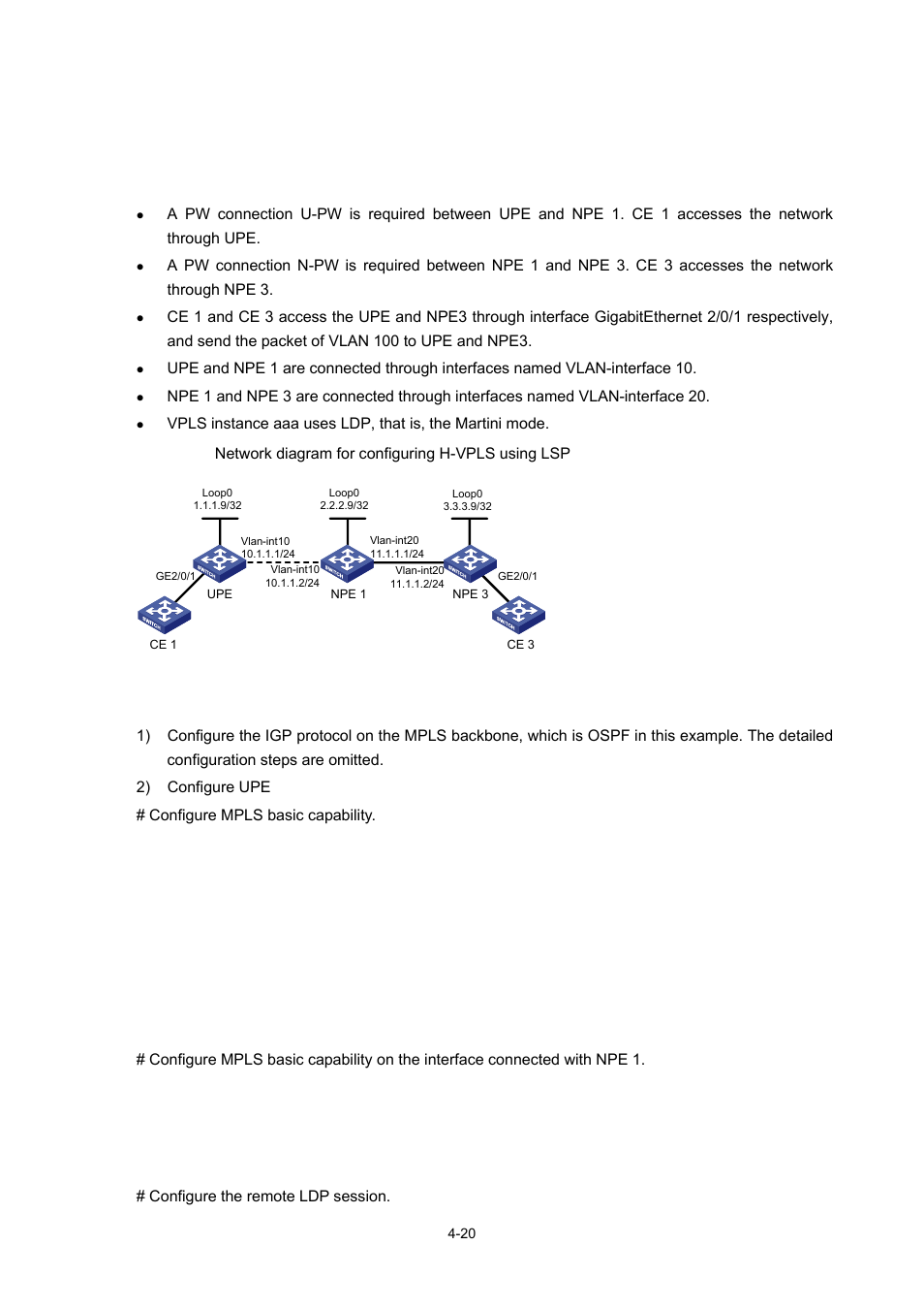 Configuring h-vpls using lsp, Network requirements, Configuration procedure | H3C Technologies H3C S7500E Series Switches User Manual | Page 180 / 334