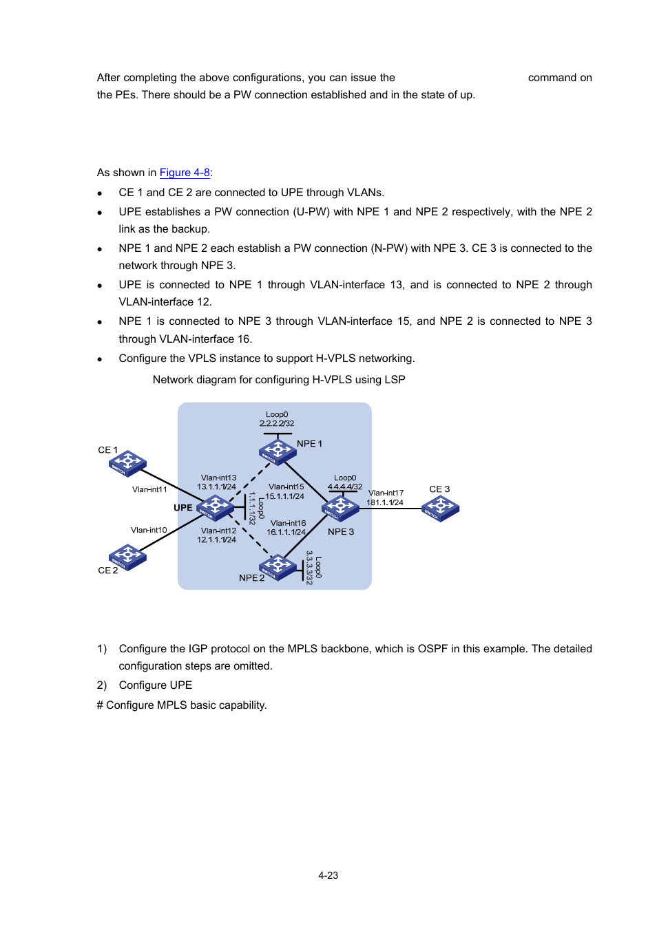 Configuring a backup link for h-vpls access, Network requirements, Configuration procedure | H3C Technologies H3C S7500E Series Switches User Manual | Page 183 / 334