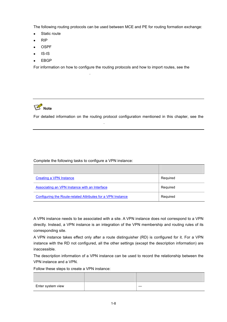 Mce configuration, Configuring a vpn instance, Vpn instance configuration task list | Creating a vpn instance | H3C Technologies H3C S7500E Series Switches User Manual | Page 20 / 334