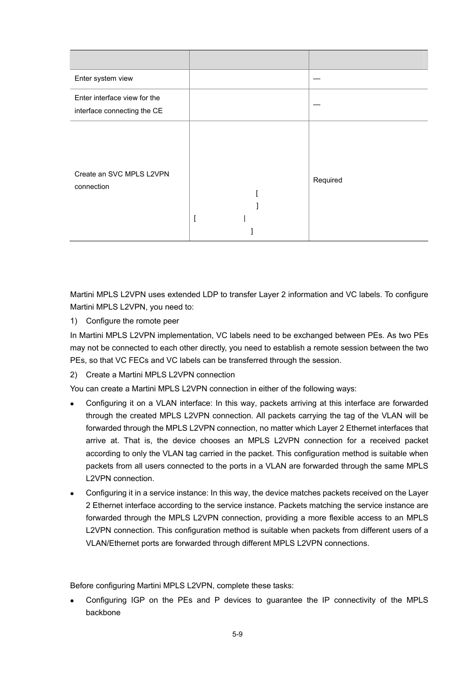 Configuring martini mpls l2vpn, Configuration prerequisites | H3C Technologies H3C S7500E Series Switches User Manual | Page 201 / 334