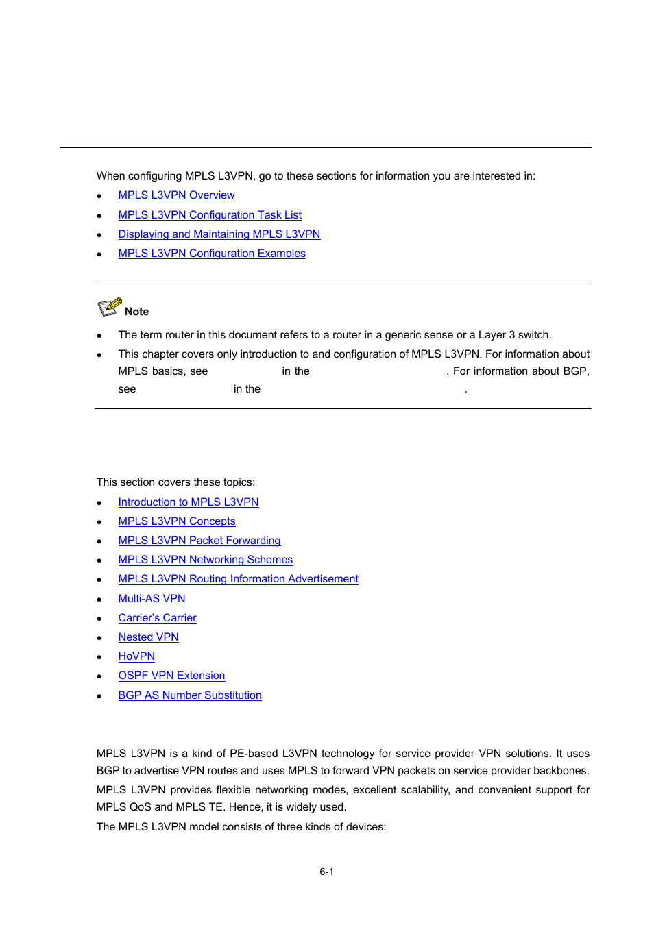 6 mpls l3vpn configuration, Mpls l3vpn overview, Introduction to mpls l3vpn | Mpls l3vpn configuration | H3C Technologies H3C S7500E Series Switches User Manual | Page 226 / 334