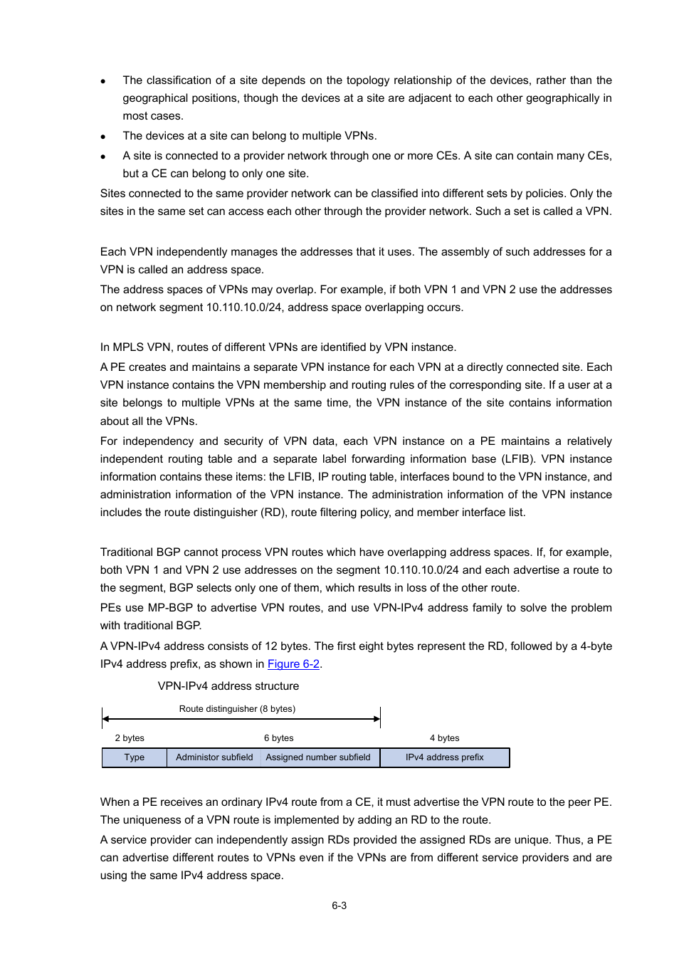 Address space overlapping, Vpn instance, Vpn-ipv4 address | H3C Technologies H3C S7500E Series Switches User Manual | Page 228 / 334