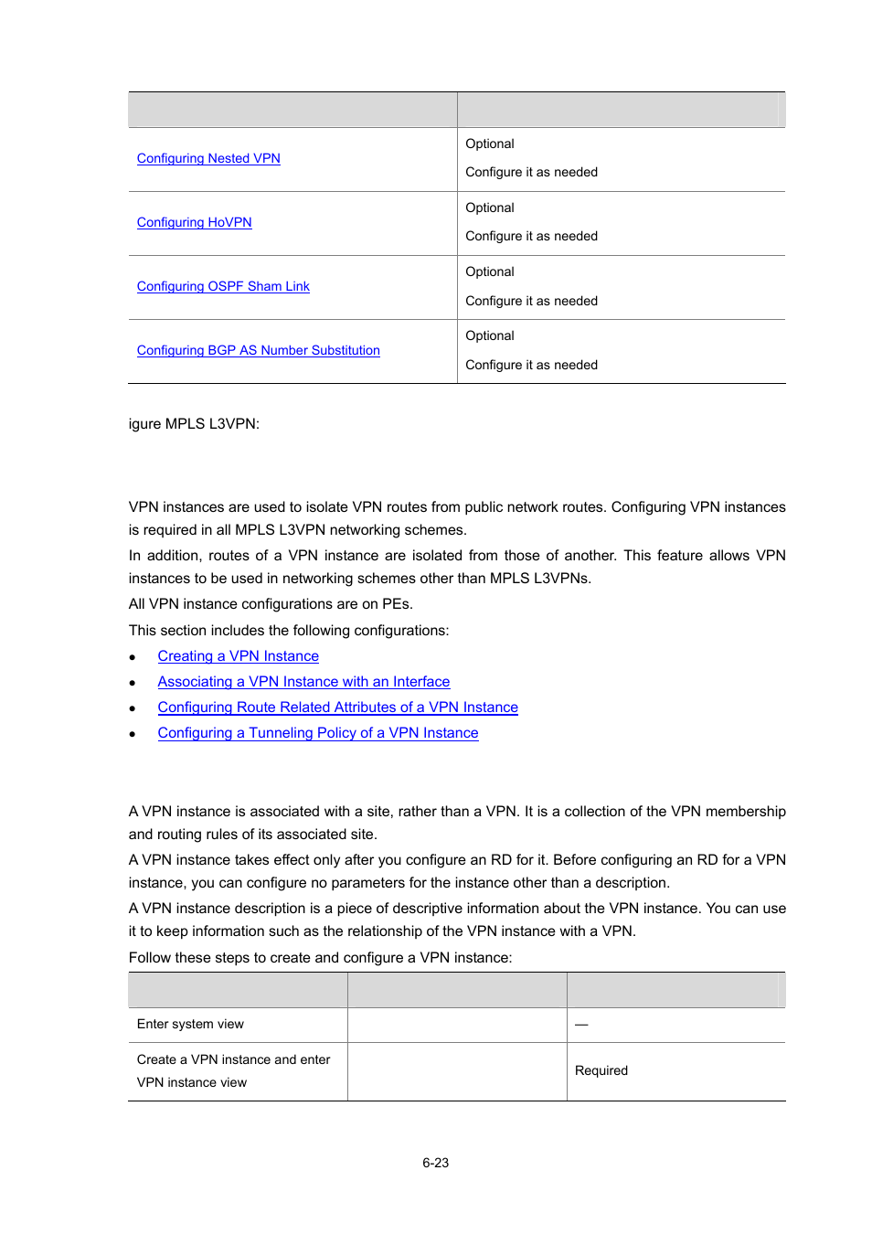 Configuring vpn instances, Creating a vpn instance | H3C Technologies H3C S7500E Series Switches User Manual | Page 248 / 334