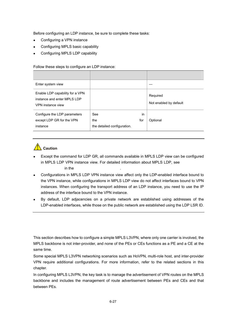 Configuration prerequisites, Configuration procedure, Configuring basic mpls l3vpn | H3C Technologies H3C S7500E Series Switches User Manual | Page 252 / 334