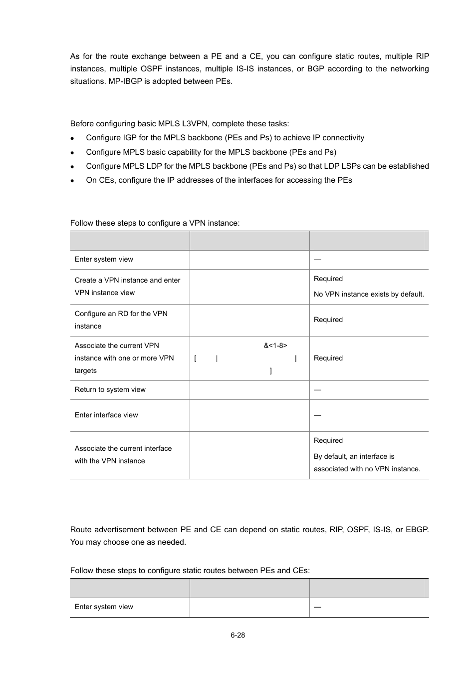 Configuration prerequisites, Configuring a vpn instance, Configuring route advertisement between pe and ce | Configuring static routes between pes and ces, 28 configuring a vpn instance | H3C Technologies H3C S7500E Series Switches User Manual | Page 253 / 334