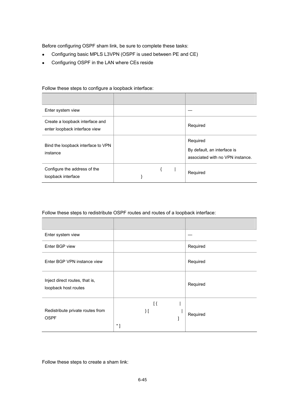 Configuration prerequisites, Configuring a loopback interface, Creating a sham link | H3C Technologies H3C S7500E Series Switches User Manual | Page 270 / 334