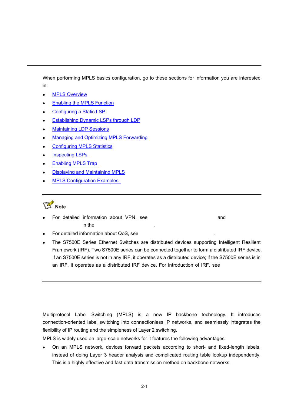 2 mpls basics configuration, Mpls overview, Mpls basics configuration | H3C Technologies H3C S7500E Series Switches User Manual | Page 43 / 334