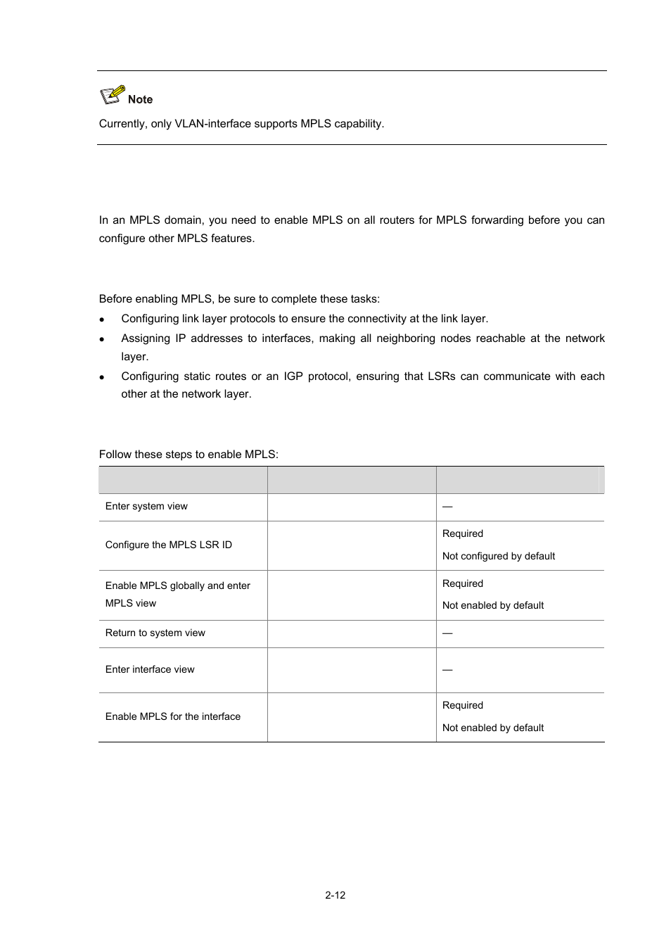 Enabling the mpls function, Configuration prerequisites, Configuration procedure | 12 configuration procedure | H3C Technologies H3C S7500E Series Switches User Manual | Page 54 / 334