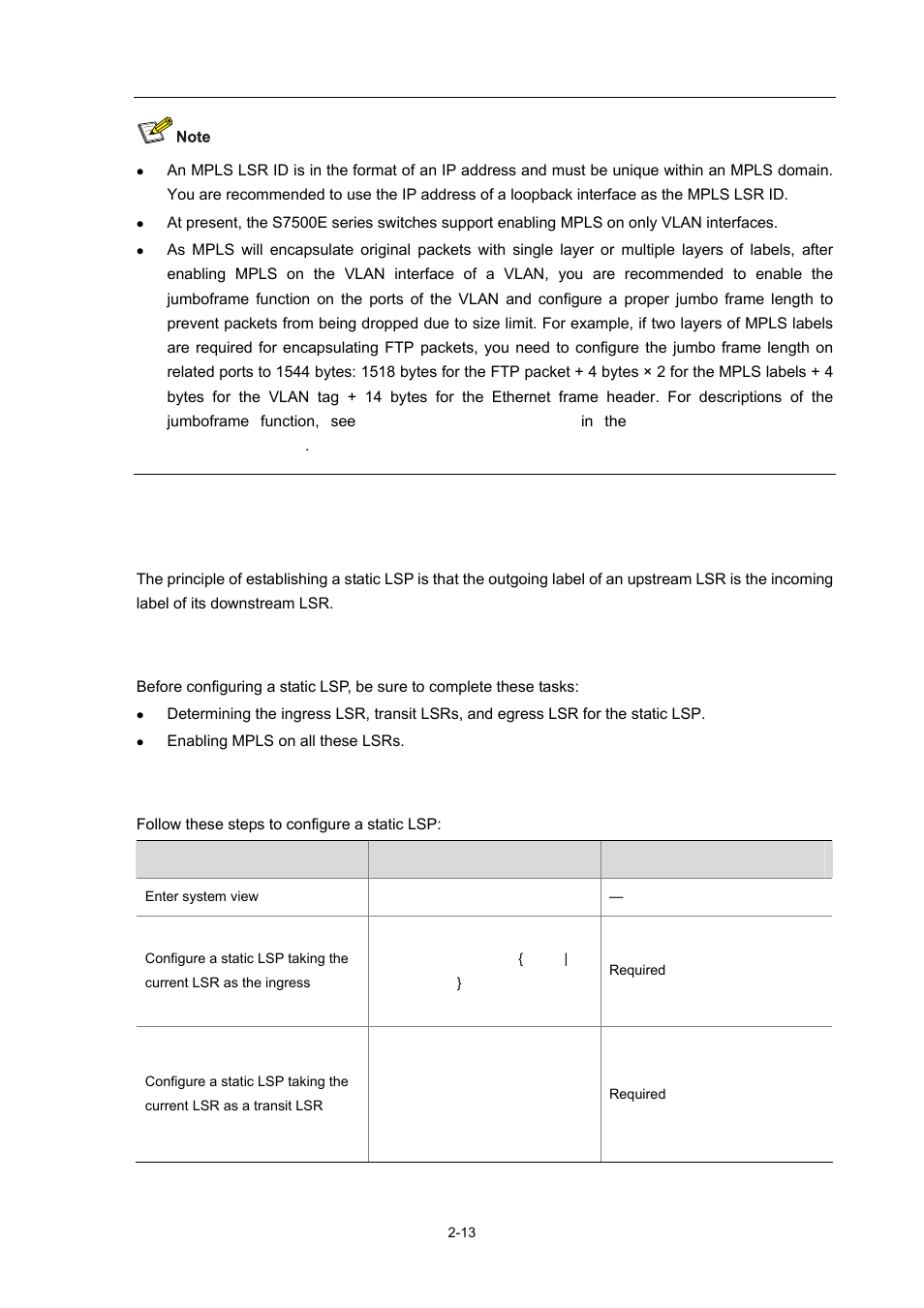 Configuring a static lsp, Configuration prerequisites, Configuration procedure | 13 configuration procedure | H3C Technologies H3C S7500E Series Switches User Manual | Page 55 / 334