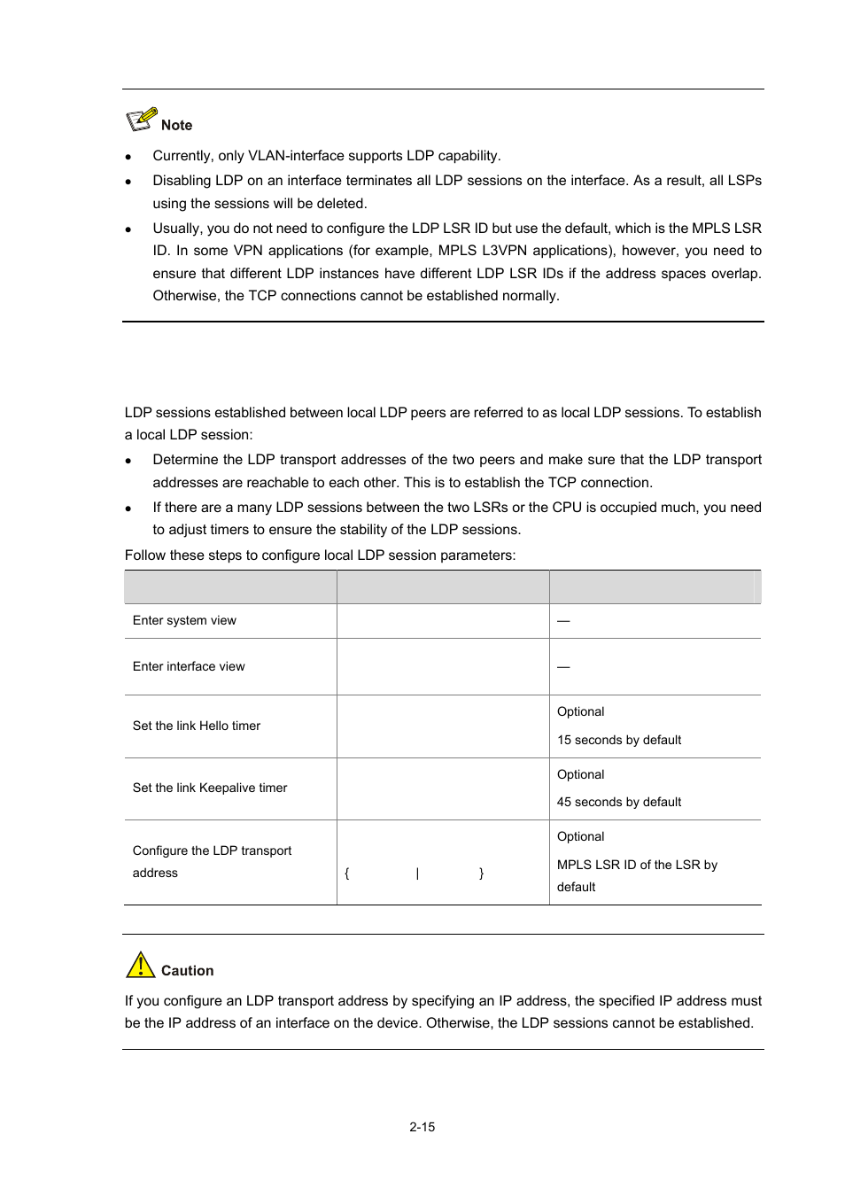 Configuring local ldp session parameters, Configuring local ldp session, Parameters | H3C Technologies H3C S7500E Series Switches User Manual | Page 57 / 334