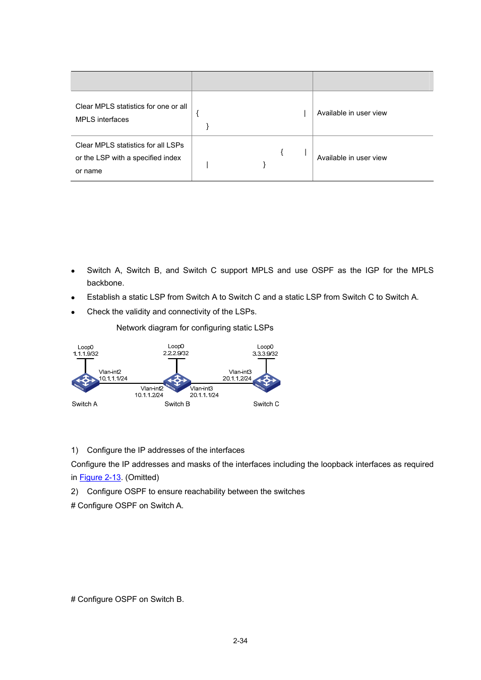 Clearing mpls statistics, Mpls configuration examples, Configuring static lsps | Network requirements, Configuration procedure | H3C Technologies H3C S7500E Series Switches User Manual | Page 76 / 334