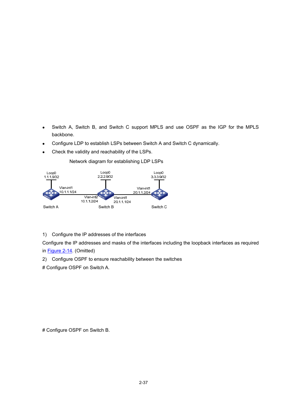 Configuring ldp to establish lsps dynamically, Network requirements, Configuration procedure | H3C Technologies H3C S7500E Series Switches User Manual | Page 79 / 334