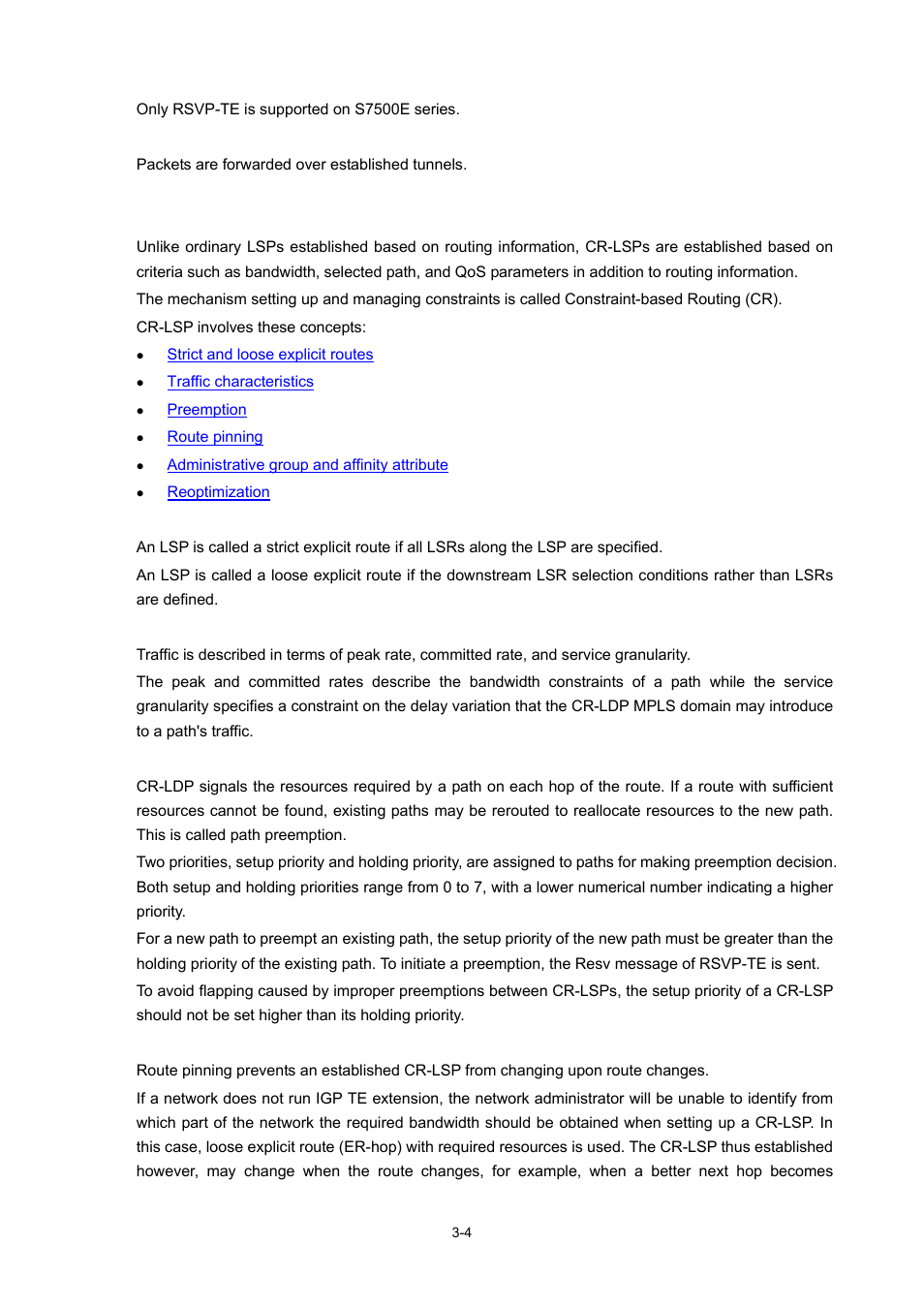 Forwarding packets, Cr-lsp, Strict and loose explicit routes | Traffic characteristics, Preemption, Route pinning | H3C Technologies H3C S7500E Series Switches User Manual | Page 86 / 334
