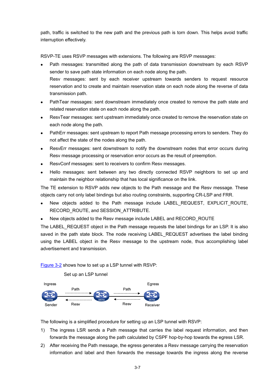 Rsvp-te messages, Setting up an lsp tunnel | H3C Technologies H3C S7500E Series Switches User Manual | Page 89 / 334