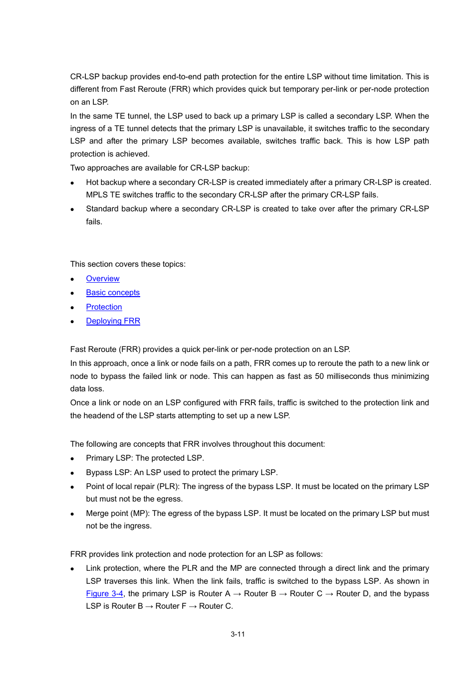 Cr-lsp backup, Fast reroute, Overview | Basic concepts, Protection, 11 fast reroute | H3C Technologies H3C S7500E Series Switches User Manual | Page 93 / 334