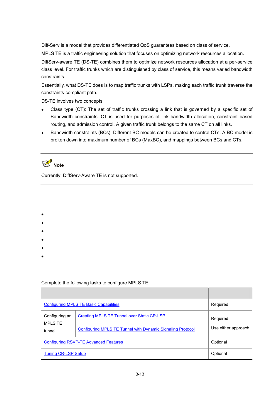 Diffserv-aware te, Protocols and standards, Mpls te configuration task list | 13 protocols and standards | H3C Technologies H3C S7500E Series Switches User Manual | Page 95 / 334