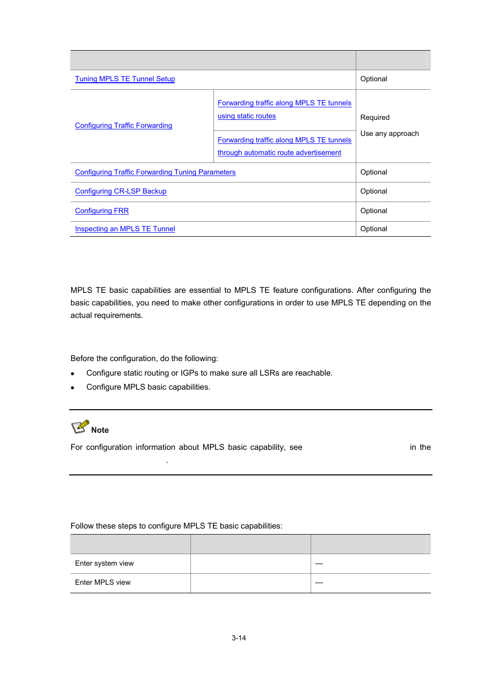 Configuring mpls te basic capabilities, Configuration prerequisites, Configuration procedure | 14 configuration procedure | H3C Technologies H3C S7500E Series Switches User Manual | Page 96 / 334