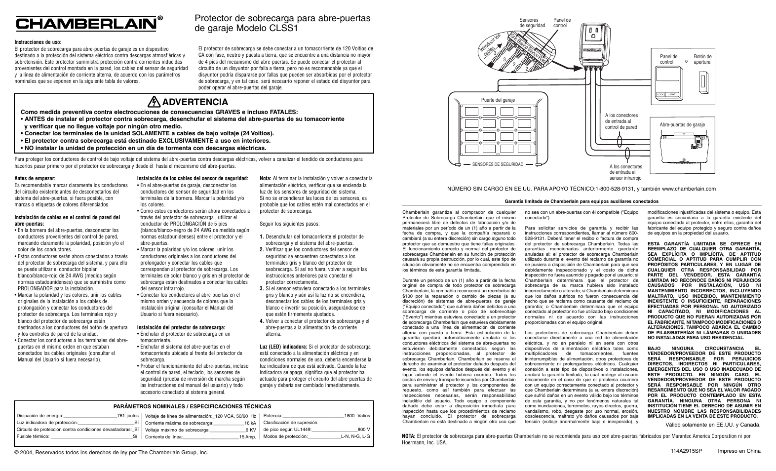 Spanish, Advertencia | Chamberlain CLSS1 User Manual | Page 2 / 2