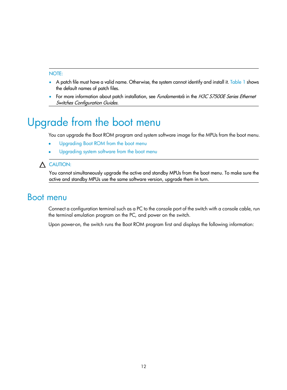 Upgrade from the boot menu, Boot menu | H3C Technologies H3C S7500E Series Switches User Manual | Page 13 / 31