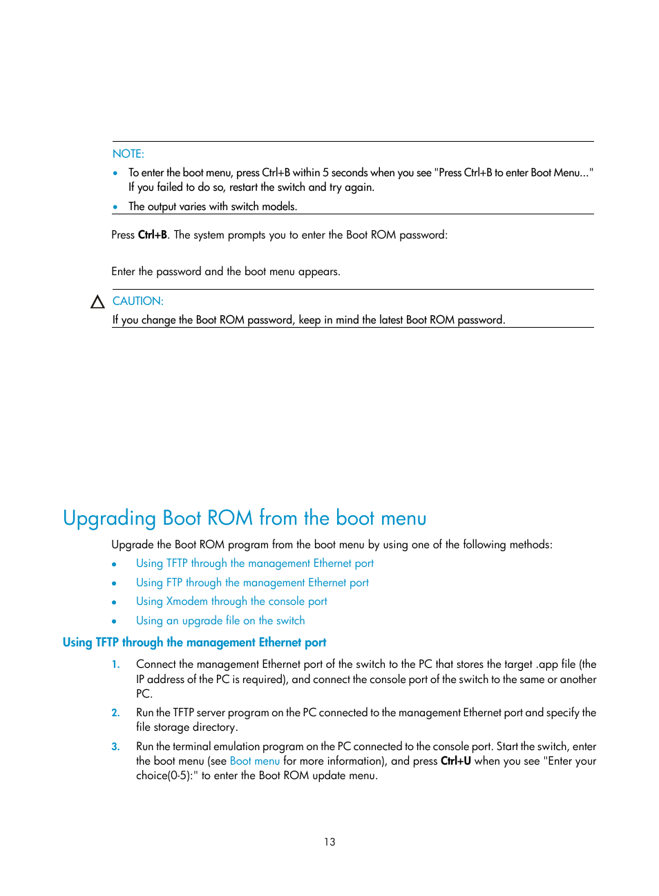 Upgrading boot rom from the boot menu, Using tftp through the management ethernet port | H3C Technologies H3C S7500E Series Switches User Manual | Page 14 / 31