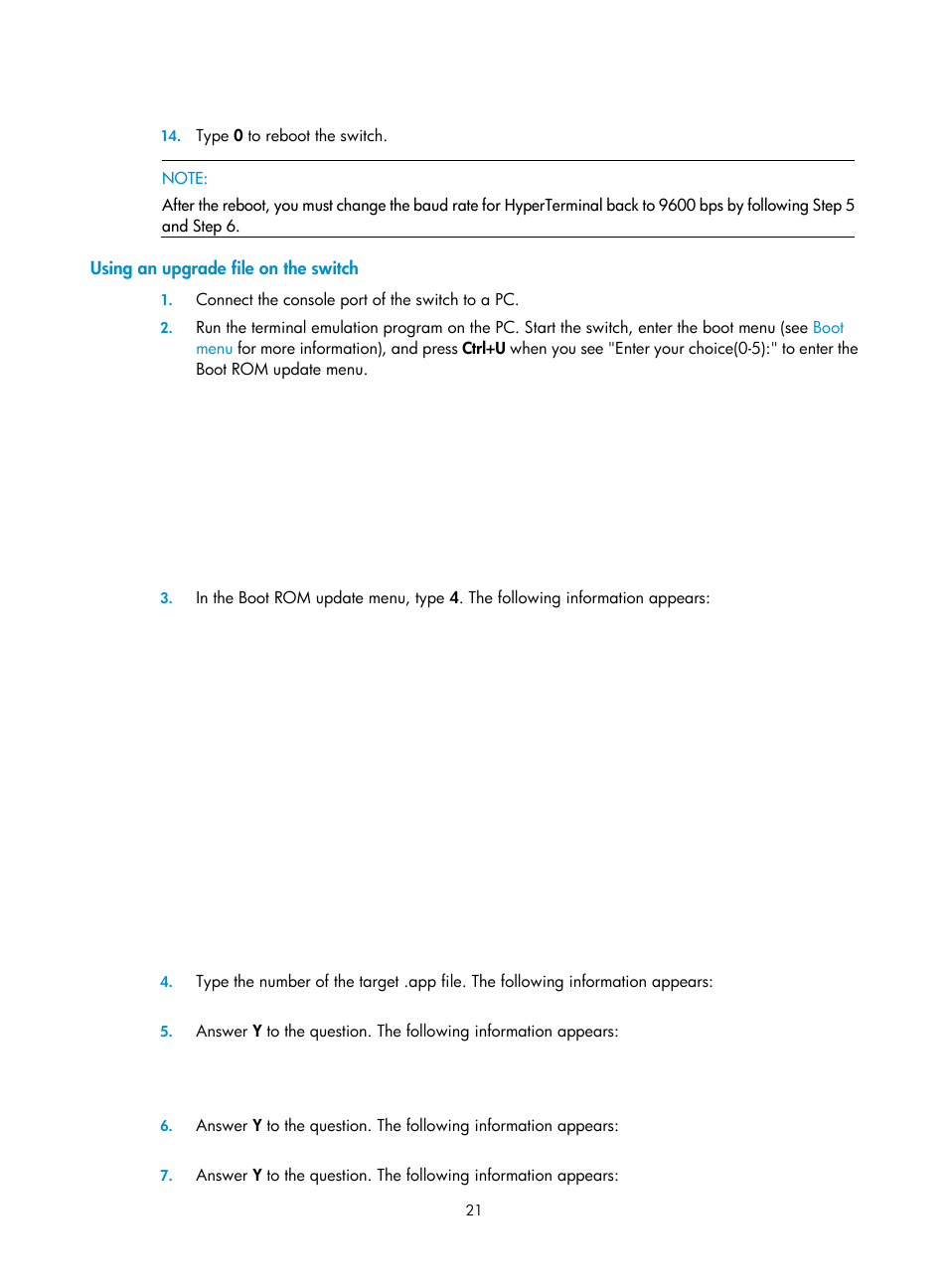 Using an upgrade file on the switch | H3C Technologies H3C S7500E Series Switches User Manual | Page 22 / 31