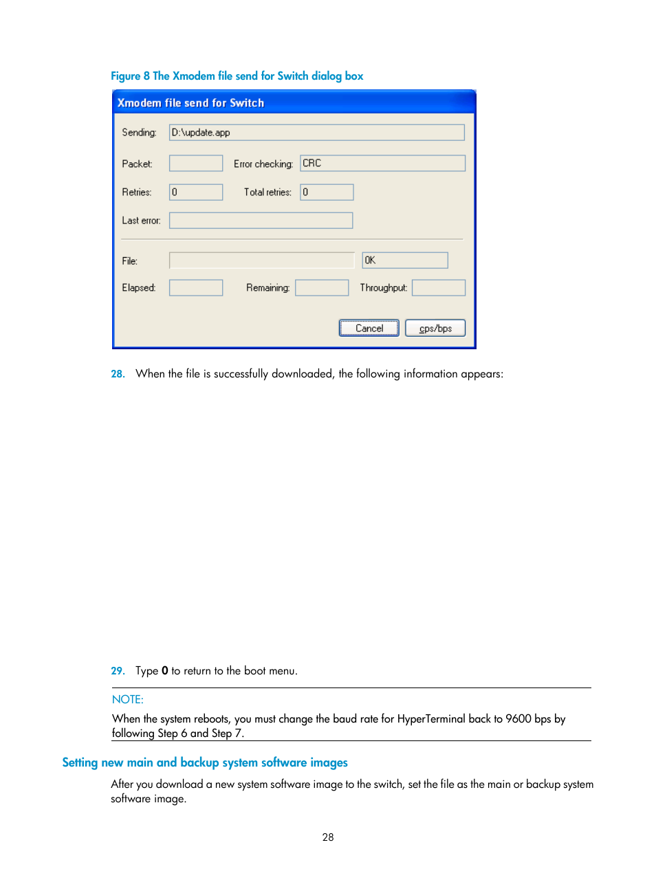 Setting new main and backup system software images | H3C Technologies H3C S7500E Series Switches User Manual | Page 29 / 31