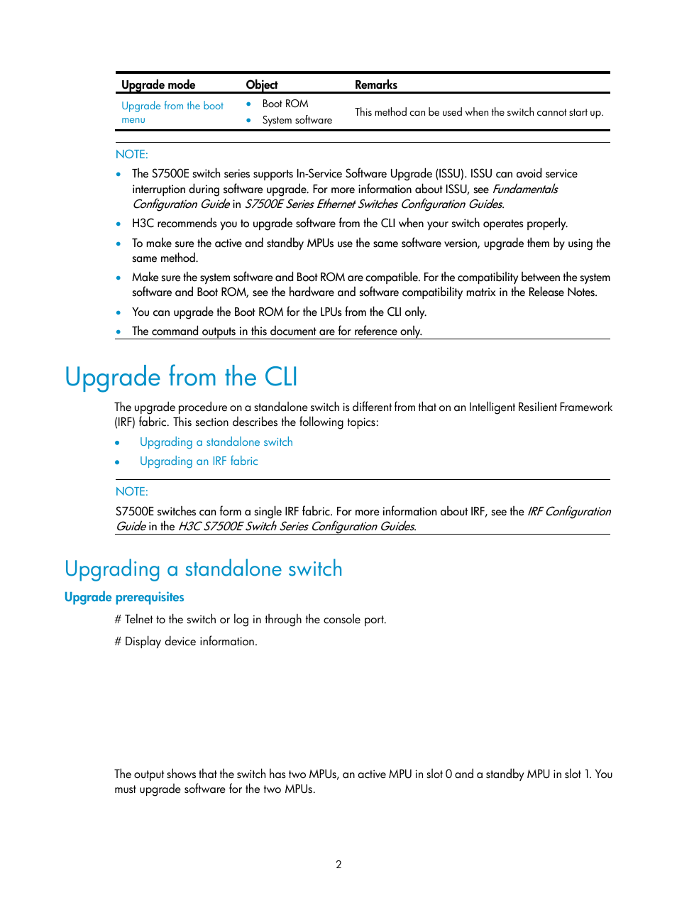 Upgrade from the cli, Upgrading a standalone switch, Upgrade prerequisites | H3C Technologies H3C S7500E Series Switches User Manual | Page 3 / 31