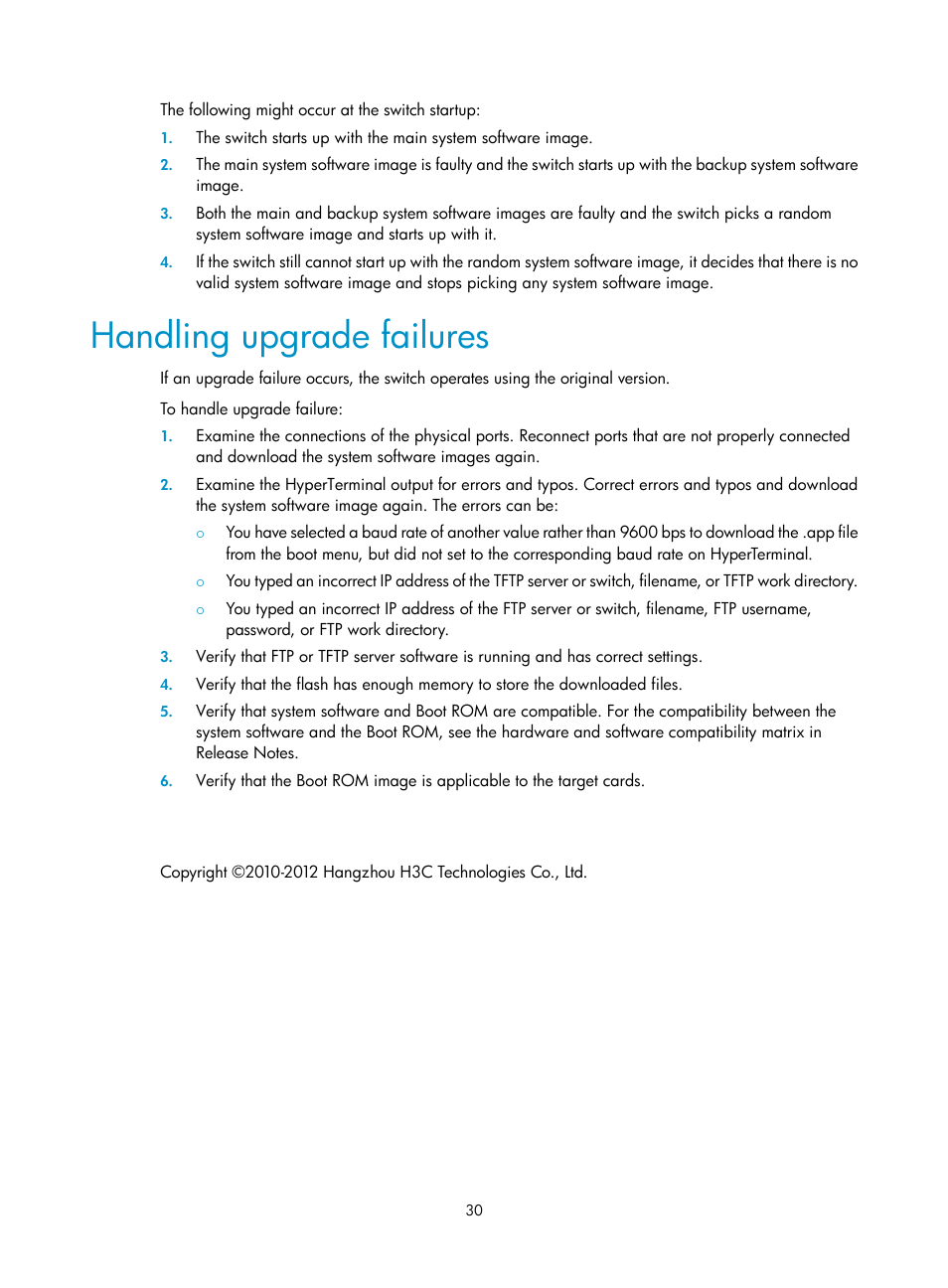 Handling upgrade failures | H3C Technologies H3C S7500E Series Switches User Manual | Page 31 / 31