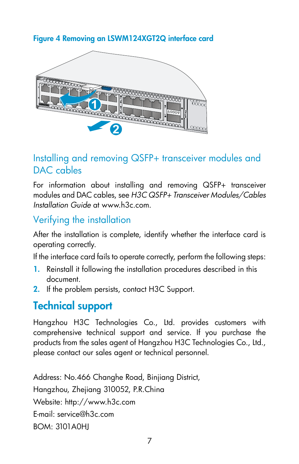 Verifying the installation, Technical support | H3C Technologies H3C S6800 Series Switches User Manual | Page 7 / 7