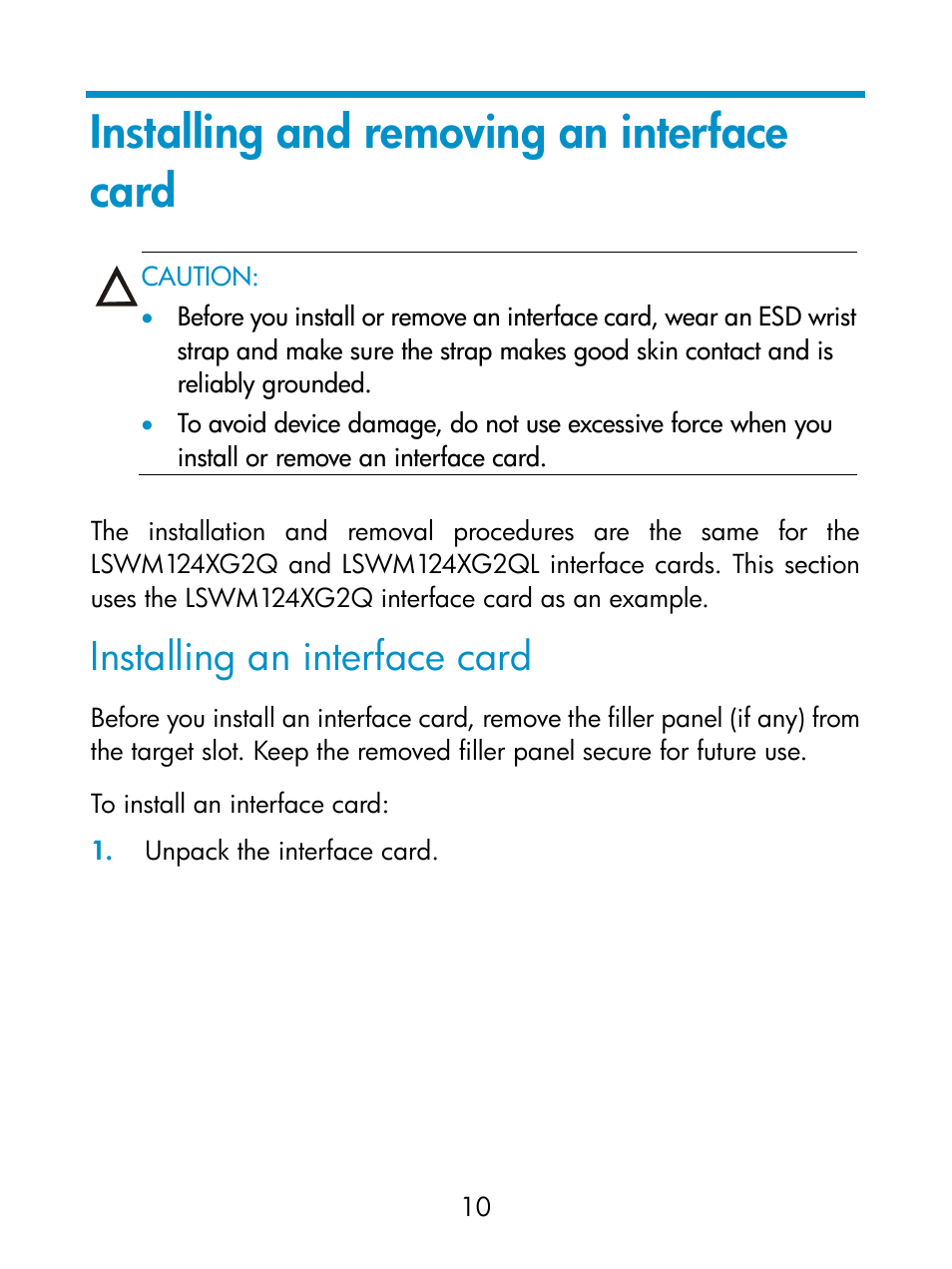 Installing and removing an interface card, Installing an interface card | H3C Technologies H3C S6800 Series Switches User Manual | Page 14 / 19