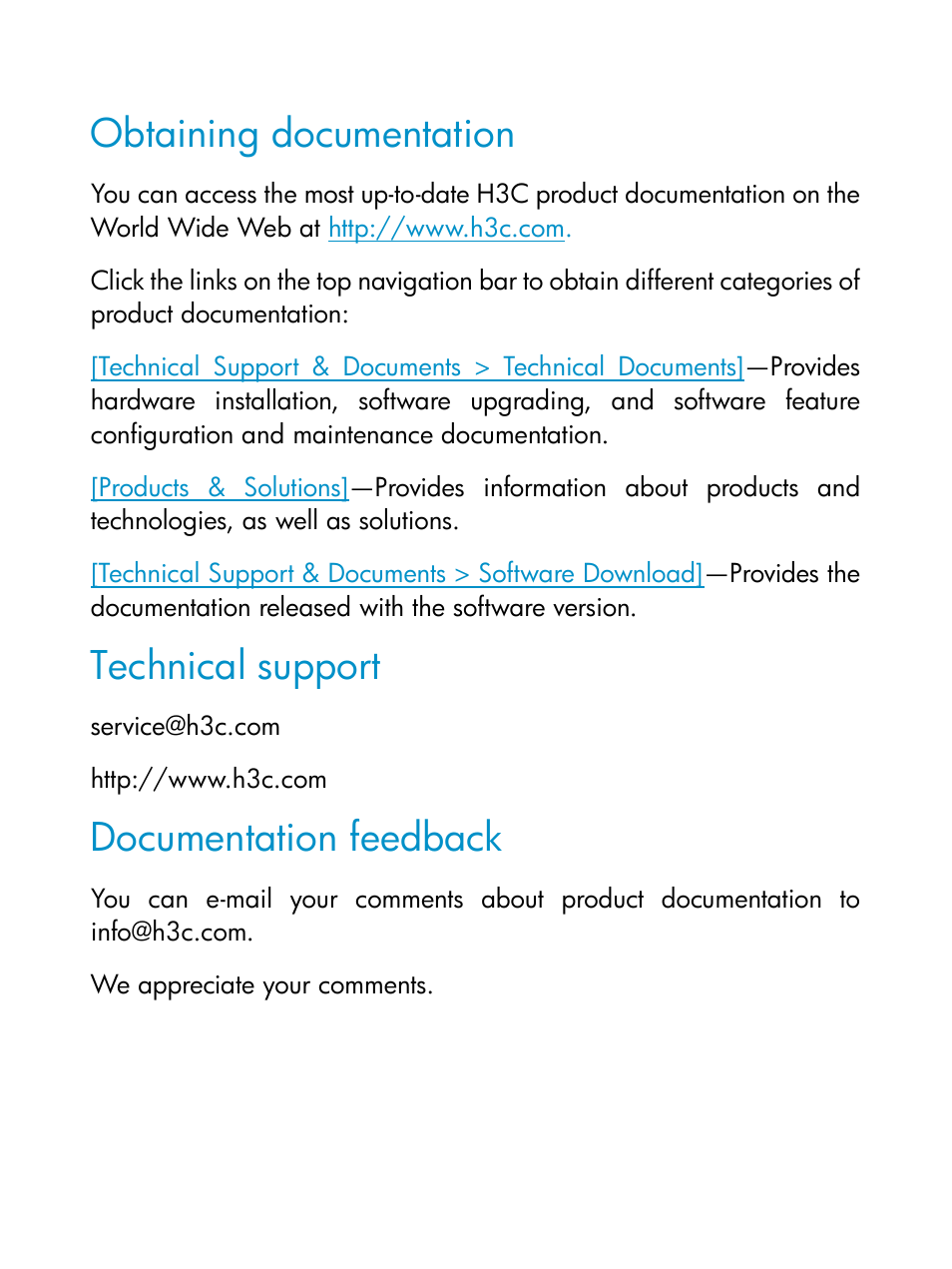 Obtaining documentation, Technical support, Documentation feedback | H3C Technologies H3C S6800 Series Switches User Manual | Page 3 / 19