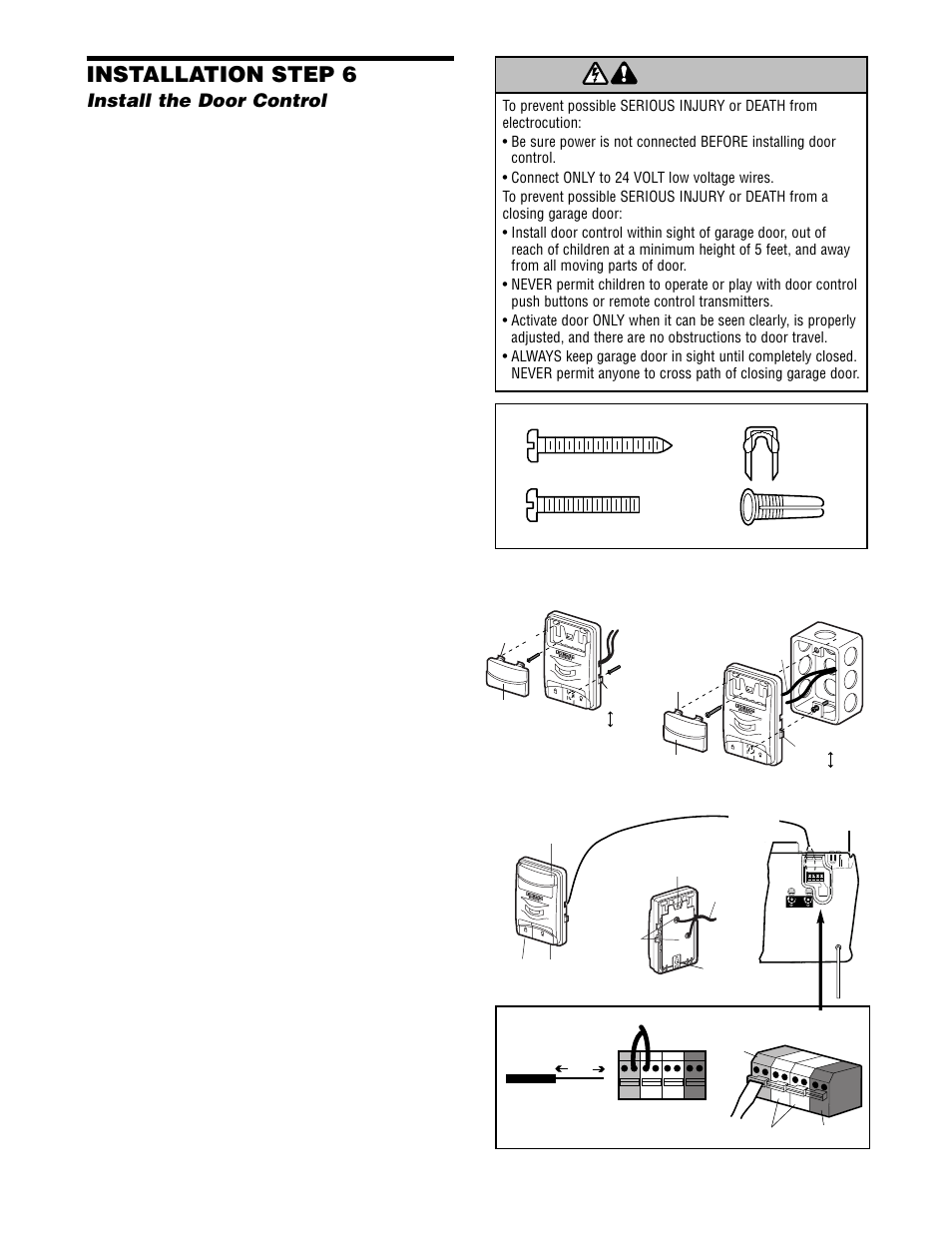 Install the door control, Warning, Installation step 6 | Chamberlain 2565 User Manual | Page 14 / 36