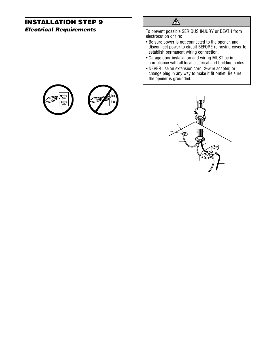 Electrical requirements, Warning, Installation step 9 | Chamberlain 2565 User Manual | Page 16 / 36