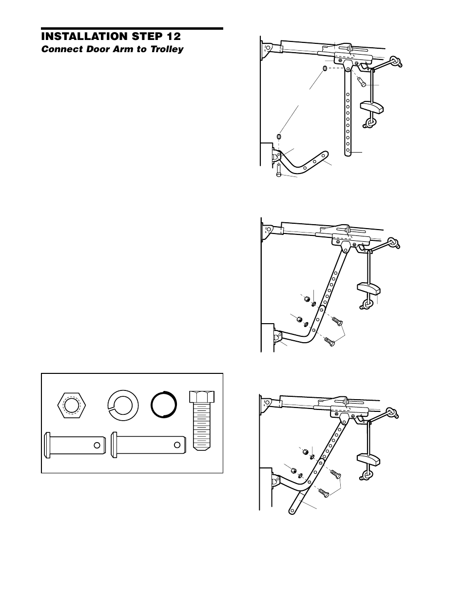 Connect door arm to trolley, Installation step 12 | Chamberlain 2565 User Manual | Page 22 / 36