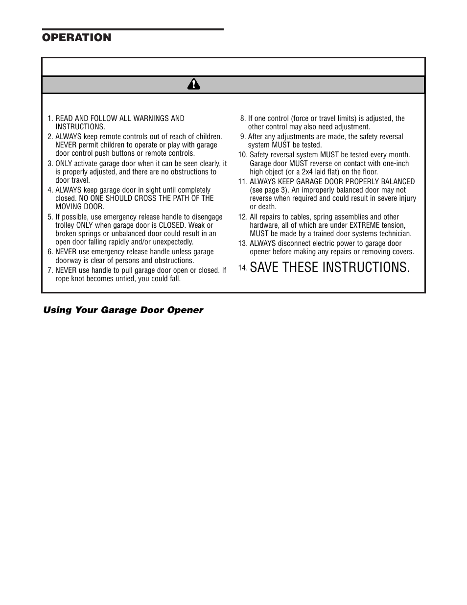 Operation, Using your garage door opener, Important safety instructions | Warning | Chamberlain 2565 User Manual | Page 27 / 36