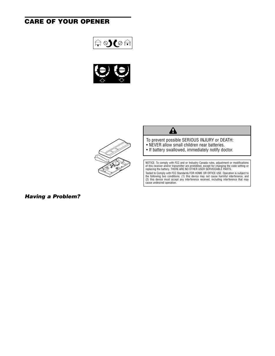 Care of your opener, Having a problem, Warning | Chamberlain 2565 User Manual | Page 29 / 36