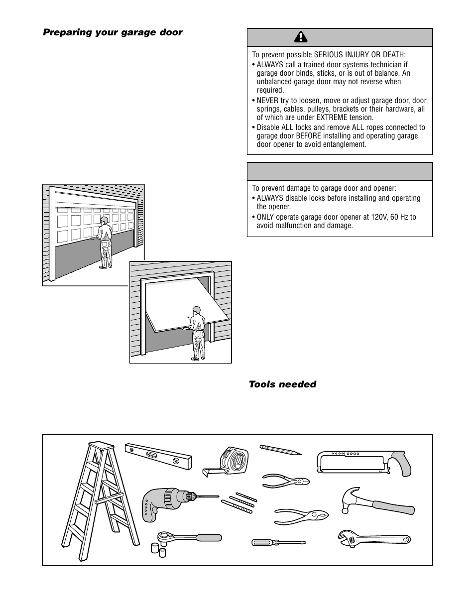 Preparing your garage door, Tools needed, Warning caution | Chamberlain 2565 User Manual | Page 3 / 36