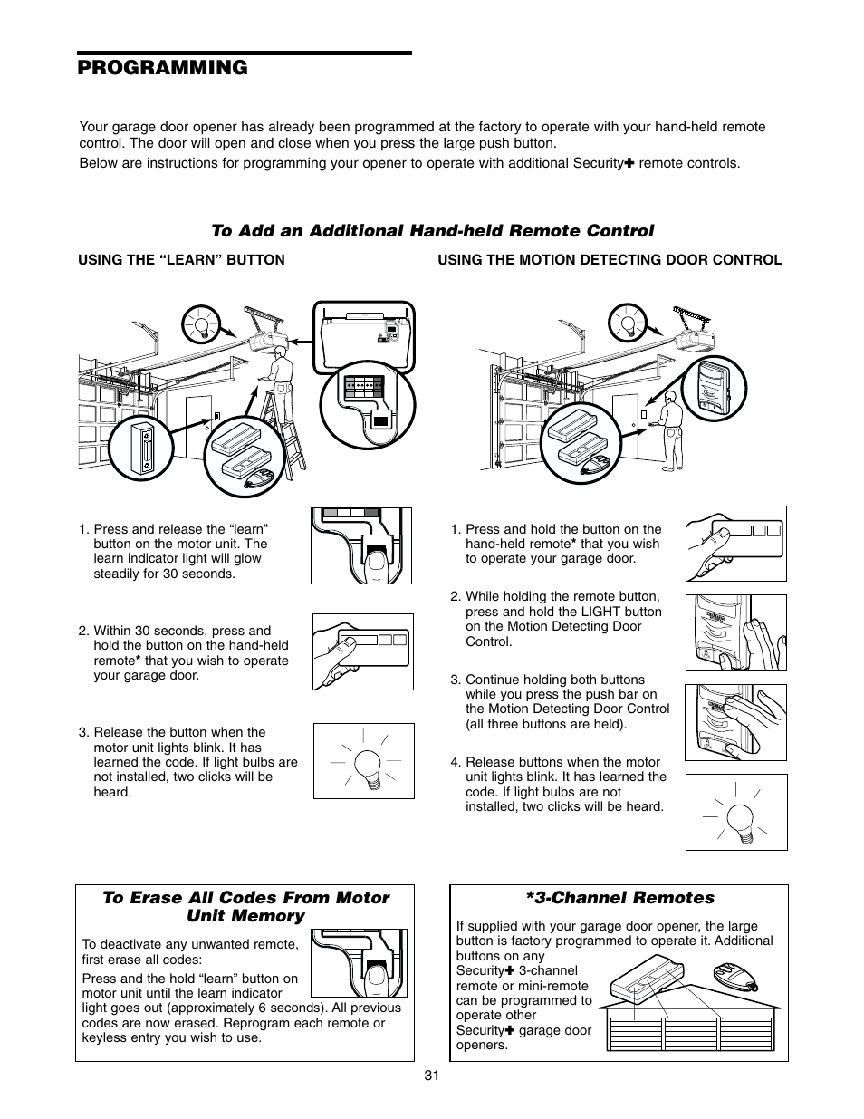 Programming, To add an additional hand-held remote control, Channel remotes | Chamberlain 2565 User Manual | Page 31 / 36