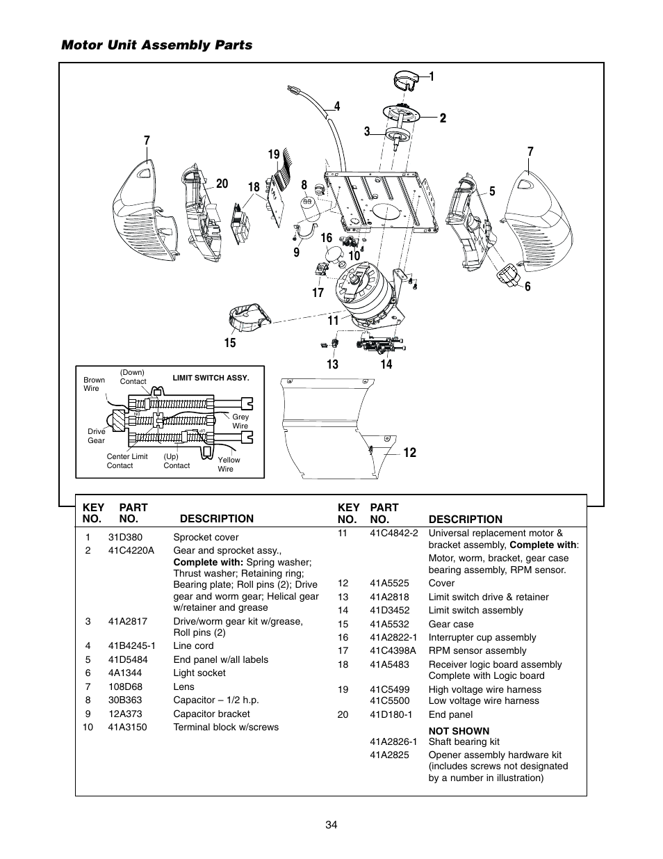 Motor unit, Motor unit assembly parts | Chamberlain 2565 User Manual | Page 34 / 36